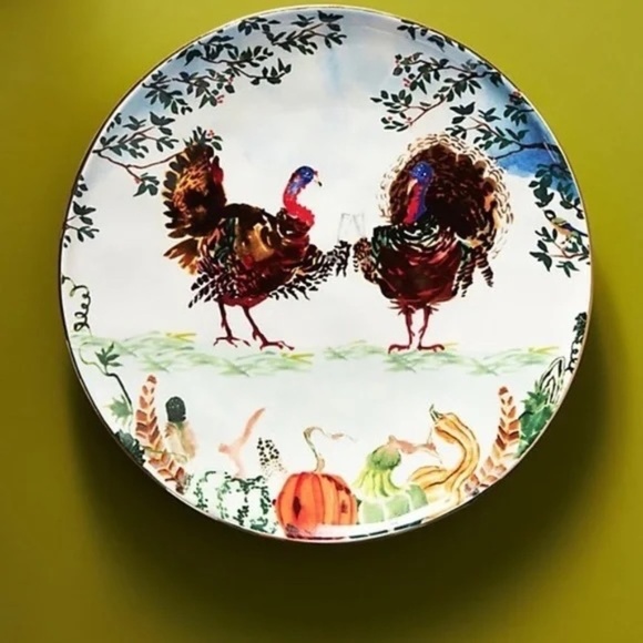 NWT  Set of 4 Anthropologie Inslee Fariss Autumn's Bounty  Turkey Side Plates - Picture 1 of 3